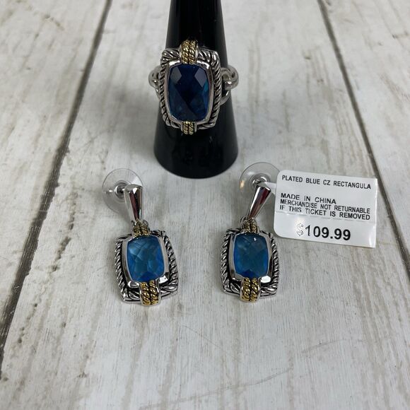 Vtg Plated 2 Tone Blue CZ Rectangle Earrings & Ring (Sz 8) Set- New With Tags - Picture 1 of 9
